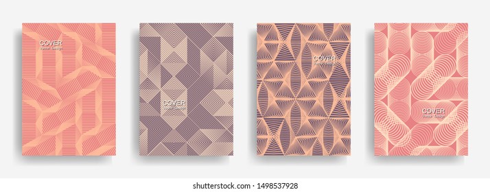 Modern  halftone shapes minimal geometric cover templates set graphic design. Halftone lines grid vector background of triangle, hexagon, rhombus, circle shapes. Laconic geometric cover backgrounds.