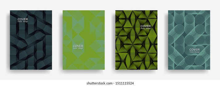 Modern  halftone shapes minimal geometric cover templates set graphic design. Halftone lines grid vector background of triangle, hexagon, rhombus, circle shapes. Simple geometric cover backgrounds.