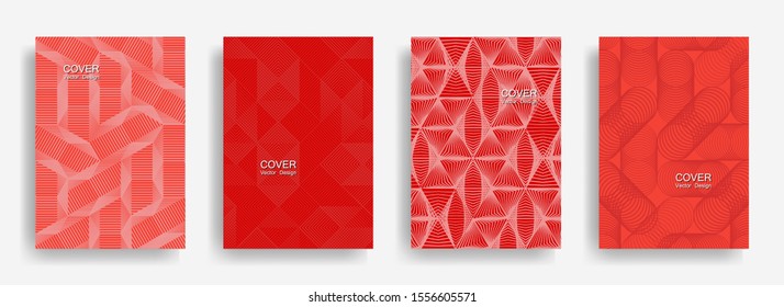 Modern  halftone shapes minimal geometric cover templates collection design. Halftone lines grid vector background of triangle, hexagon, rhombus, circle shapes. Trendy geometric cover backgrounds.