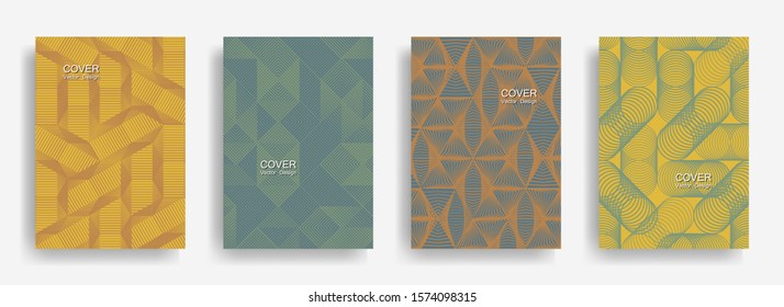 Modern  halftone shapes minimal geometric cover templates set graphic design. Halftone lines grid vector background of triangle, hexagon, rhombus, circle shapes. Classic geometric cover backgrounds.