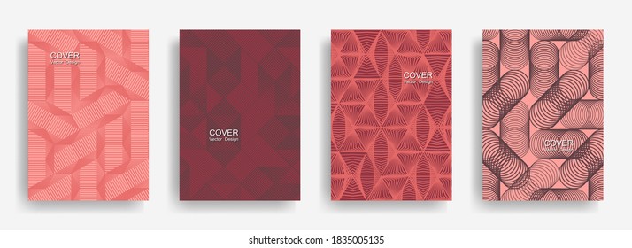Modern  halftone shapes minimal geometric cover templates collection design. Halftone lines grid vector background of triangle, hexagon, rhombus, circle shapes. Business geometric cover backgrounds.