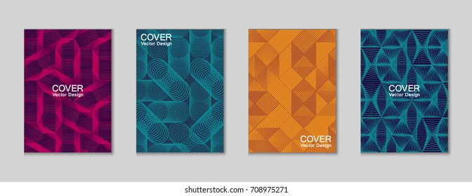 Modern halftone shapes minimal geometric cover templates set graphic design. Halftone lines grid vector background triangle, hexagon, rhombus and circle shapes. Future geometric cover backgrounds.