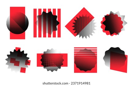 Modern halftone shapes set vector illustration isolated on transparent background. Black starburst with dotted retro grunge texture and red geometric figures. Stickers, creative design elements