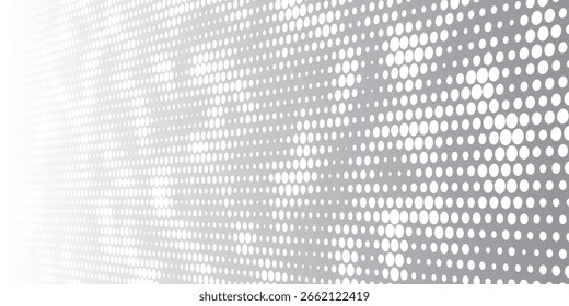 modern halftone wave pattern with white dots on a gray gradient background. Ideal for tech, digital, or futuristic themes in modern graphic design. vector