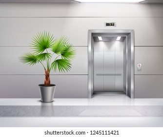 Modern hall interior design with decorative potted fan palm next to opened elevator doors realistic vector illustration