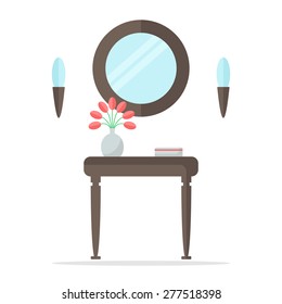 Modern hall interior design with table, mirror and lamps. Wooden furniture. Decorated with flowers in vase and box. Flat style vector illustration.