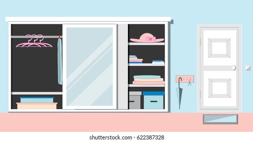 Modern hall interior with furniture, wardrobe, umbrella stand and white door. Corridor design in Flat style Vector illustration. 