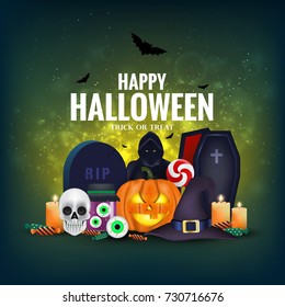 Modern Halloween background or card with Halloween elements and label with calligraphic lettering. Can be used as party invitation or web banner. Vector Illustration