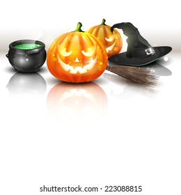 Modern Halloween background with pumpkins, pot and broom in front of the white background