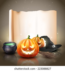 Modern Halloween background with pumpkins, pot and broom in front of old empty paper