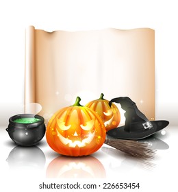 Modern Halloween background with pumpkins, pot and broom in front of old empty paper