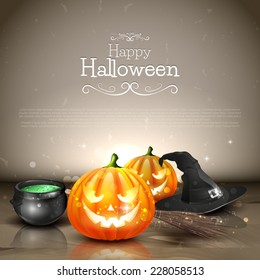 Modern Halloween background with pumpkins, pot and broom in front of dark background