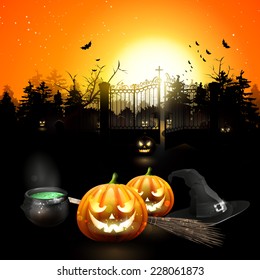 Modern Halloween background with pumpkins, pot and broom in front of the old graveyard