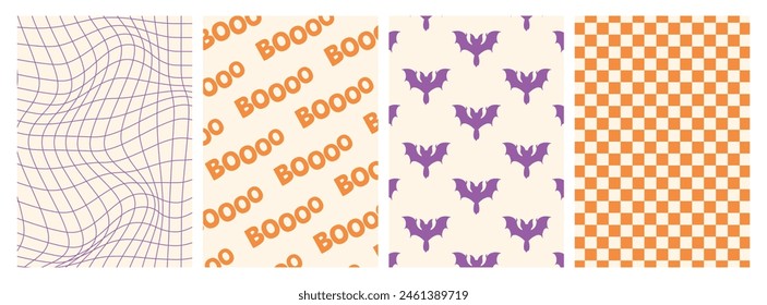 Modern Halloween backgrounds with a flying bat, 'boo,' embossed grid, and chessboard. Halloween set for postcards, social media, stories, posters. Vector banners for a happy Halloween day