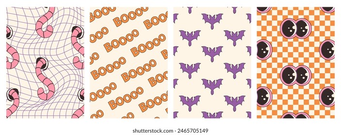 Modern Halloween backgrounds with a flying bat, 'boo', embossed netting with worms, and a checkerboard with eyes. Halloween background set for postcards, social media, stories, posters. Vector banners