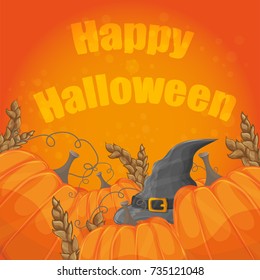 Modern Halloween card with old hat and pumpkins on orange background