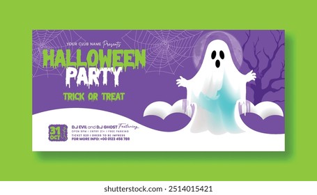 Modern Halloween celebration party horizontal banner template, trick or treat web banner and Halloween social media banner, cover, header design with Halloween  background design