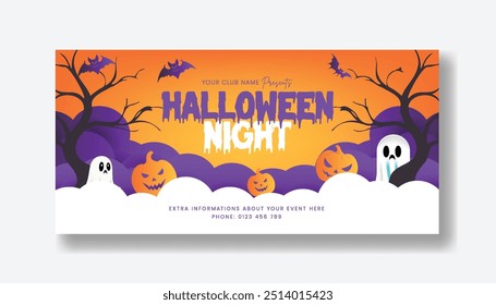 Modern Halloween celebration party horizontal banner template, trick or treat web banner and Halloween social media banner, cover, header design with Halloween  background design