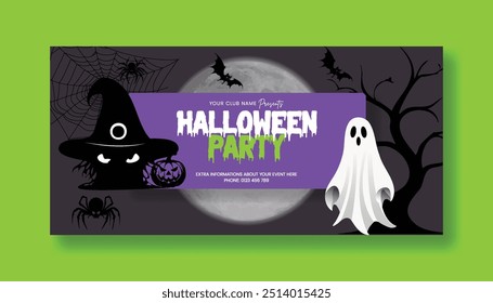 Modern Halloween celebration party horizontal banner template, trick or treat web banner and Halloween social media banner, cover, header design with Halloween  background design