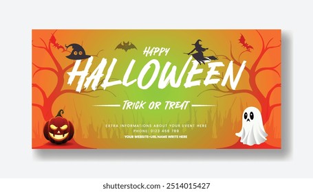 Modern Halloween celebration party horizontal banner template, trick or treat web banner and Halloween social media banner, cover, header design with Halloween  background design