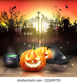 Modern Halloween greeting card with pumpkins, pot and broom in front of the old graveyard