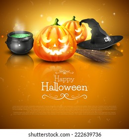 Modern Halloween greeting card with pumpkins, pot and broom in front of orange background 