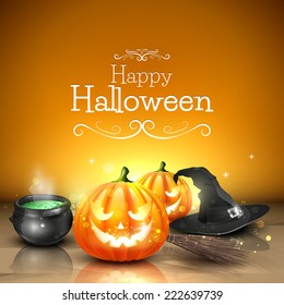 Modern Halloween greeting card with pumpkins, pot and broom in front of orange background