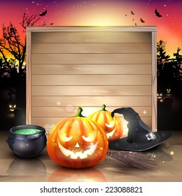 Modern Halloween greeting card with pumpkins, pot and broom in front of the wooden sign