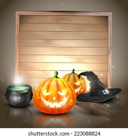 Modern Halloween greeting card with pumpkins, pot and broom in front of the wooden sign