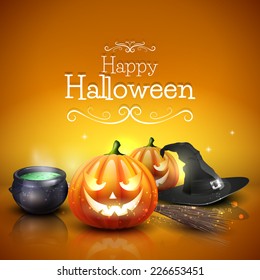 Modern Halloween greeting card with pumpkins, pot and broom in front of orange background