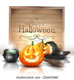 Modern Halloween greeting card with pumpkins, pot and broom in front of the wooden sign