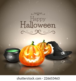 Modern Halloween greeting card with pumpkins, pot and hat in front of dark background