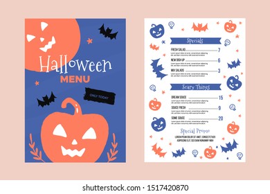 Modern Halloween menu design. Food design for special holiday. Autumn background, spooky flyer for reastaurant