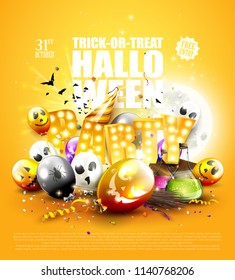 Modern Halloween party background with balloons, confetti and Halloween decorations.