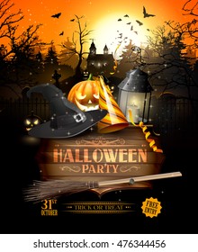 Modern Halloween party flyer with black lantern, lights and wooden sign in front of old church