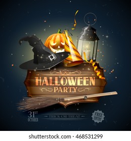 Modern Halloween party flyer with old sign,black lantern, old hat, pumpkin, and party hat on blue background.