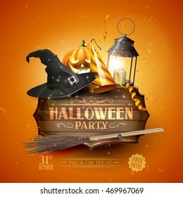 Modern Halloween Party Flyer With Old Sign,black Lantern, Old Hat, Pumpkin, And Party Hat On Orange Background.