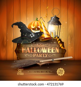 Modern Halloween party flyer with old sign,black lantern, old hat, pumpkin, and party hat on wooden background.