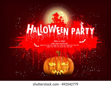 Modern Halloween party flyer with old sign,black lantern, old hat, pumpkin, and party hat on orange background.