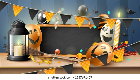 Modern Halloween party header with balloons, lantern and other decorations on the shelf. Empty chalkboard for your text.