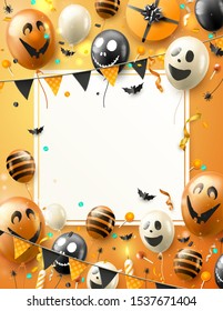 Modern Halloween party template with scary air balloons and streamers on orange background