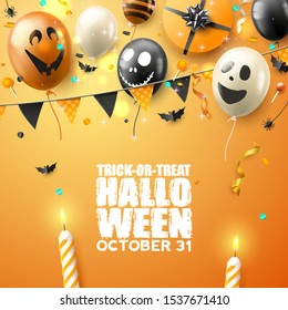 Modern Halloween party template with scary air balloons and streamers on orange background