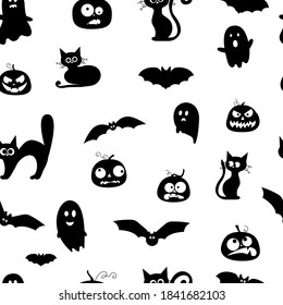 Modern Halloween pattern. Abstract decoration background with bats, ghosts, pumpkins, cats. background pattern. abstract Halloween illustration