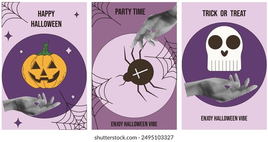 Modern Halloween poster cover template set with trendy Halftone effect Collage. Trick or treat greeting card collection. 3D Halftone vector aesthetic can used social media post. EPS 10