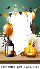 Modern Halloween template with balloons, lantern and other decorations on the shelf.