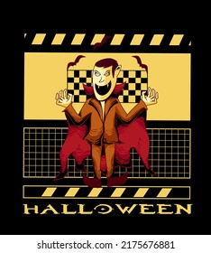modern halloween vector illustration, vampire illustration, bat, halloween text, on a geometric background, perfect for printing on t-shirts, merchandise, souvenirs, apparel, on halloween holidays