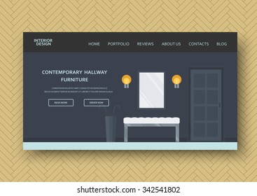 Modern hallway interior with comfort furniture:  banquette, mirror, door. Flat design. Horizontal banner on wooden pattern background. Vector illustration design elements for your advertising