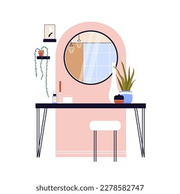 Modern hallway with painted wall arch, round mirror, console table, candles and houseplants. Loft style interior design. Flat vector illustration isolated on white background