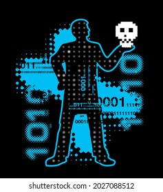 Modern Hamlet in cyberspace. Ilustration of stylized male silhouette with binary codes holding a skull.Vector available.