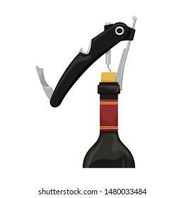 Modern hand corkscrew bartender opens a bottle of wine.